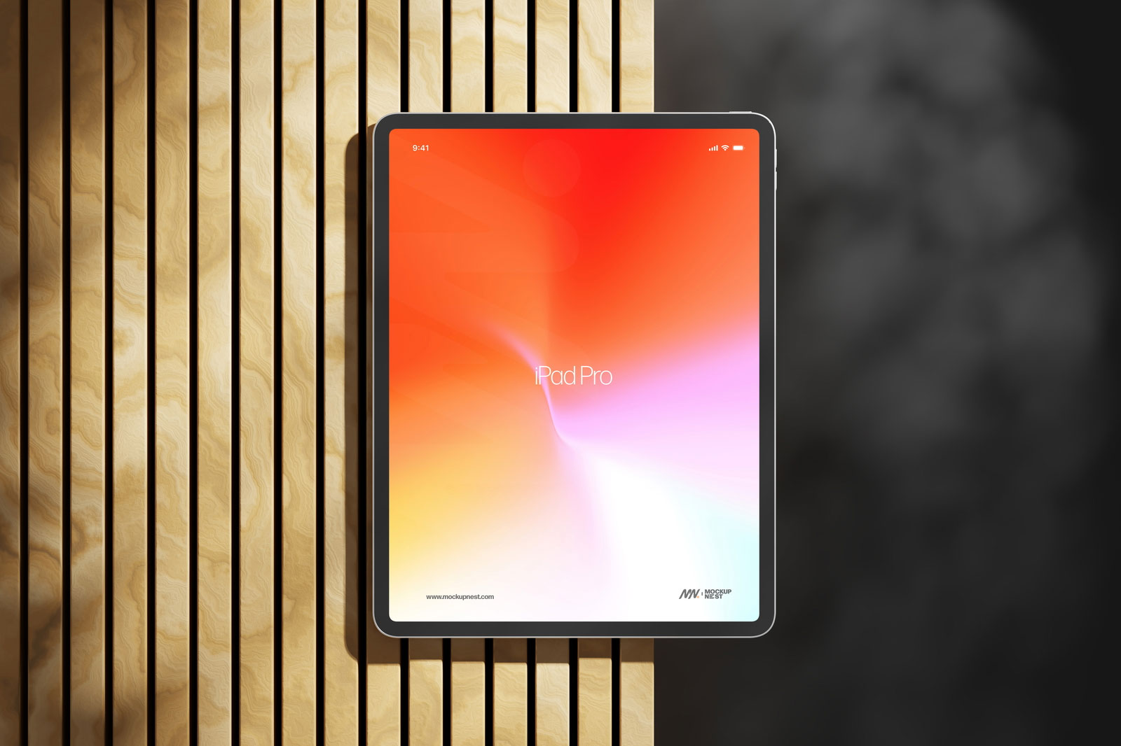 Free iPad Pro Mockup on Wood PSD Template