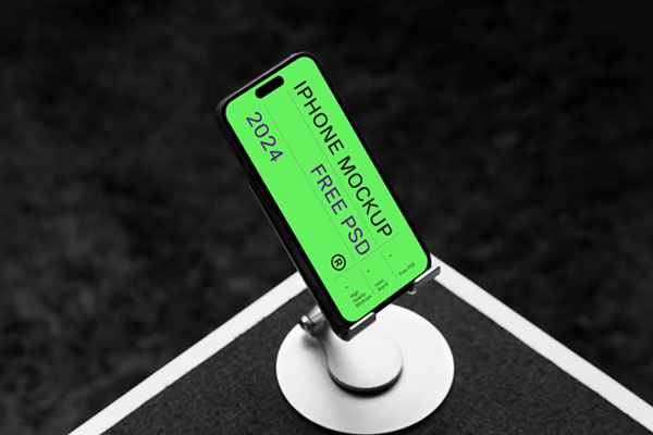 Free iPhone 14 Pro in Dock Mockup PSD Template