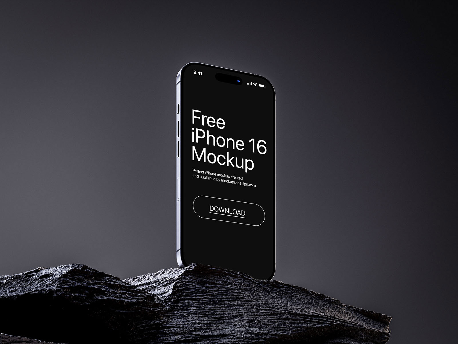 Free iPhone 16 on Rock Mockup PSD Template