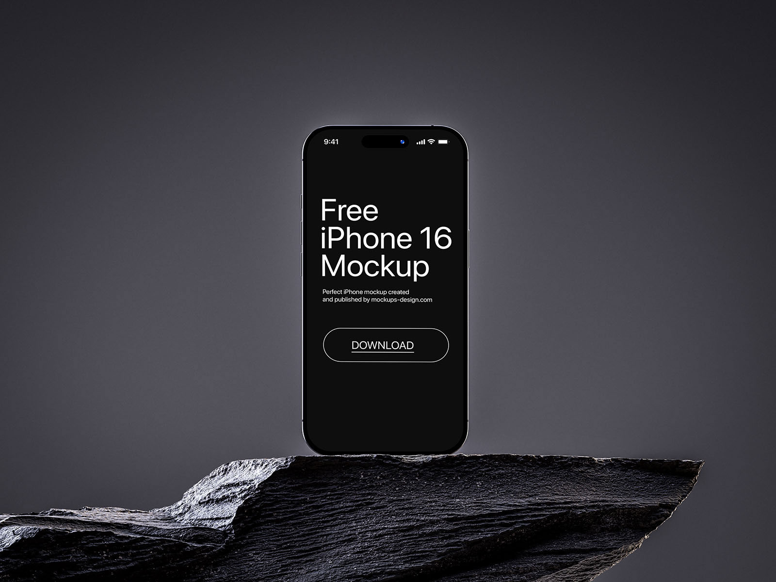 Free iPhone 16 on Rock Mockup PSD Template