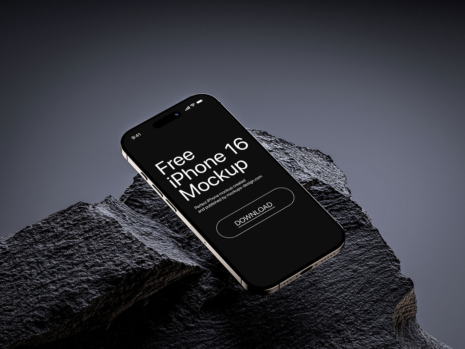 Free iPhone 16 on Rock Mockup PSD Template