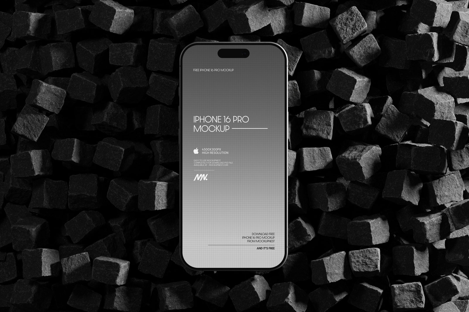 Free iPhone 16 Pro Mockup on Cube Stones PSD Template