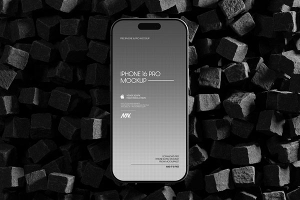 Free iPhone 16 Pro Mockup on Cube Stones PSD Template