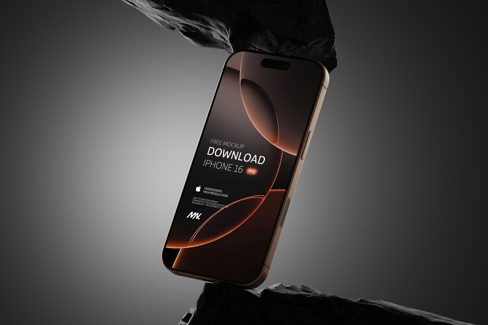 Free iPhone 16 Pro Mockup on Rock PSD Template