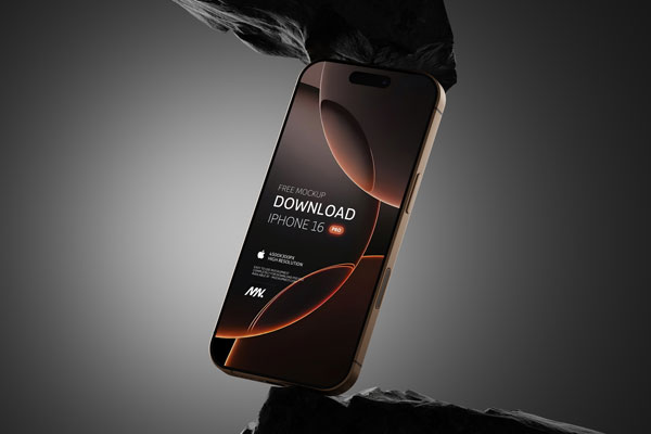 Free iPhone 16 Pro Mockup on Rock PSD Template