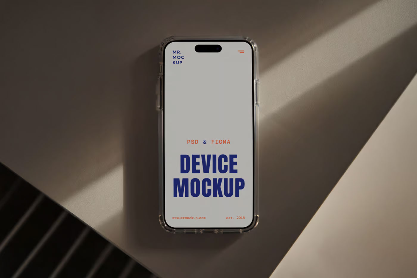 Free Laying iPhone 16 Pro on Table Mockup PSD Template