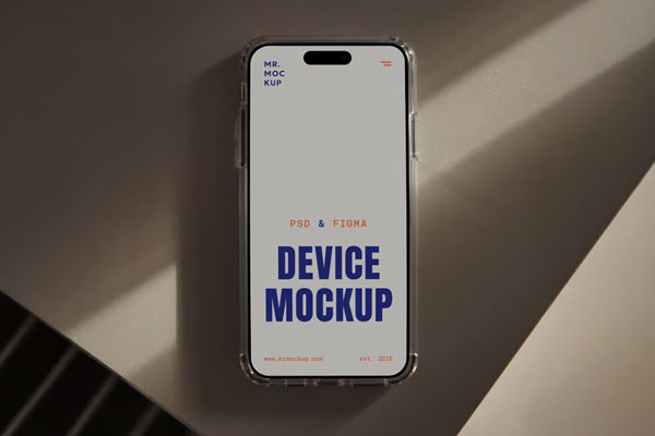 Free Laying iPhone 16 Pro on Table Mockup PSD Template