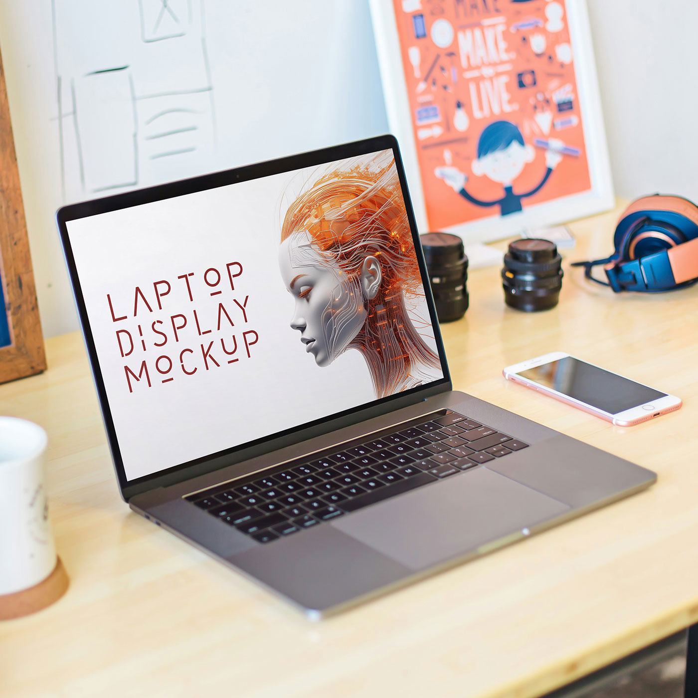 Free MacBook on Desk Mockup PSD Template