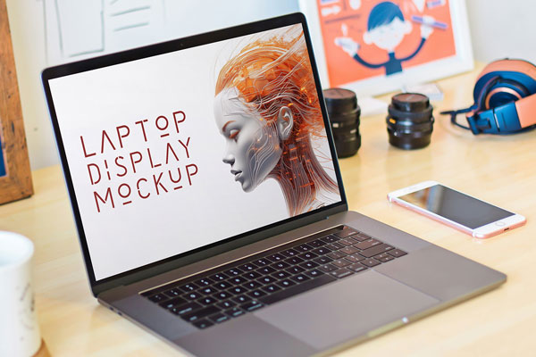 Free MacBook on Desk Mockup PSD Template