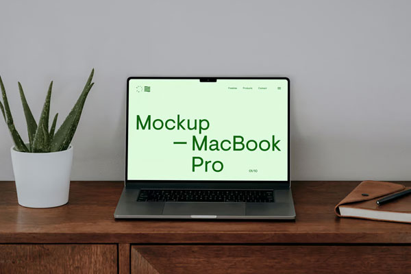 Free MacBook on Dresser Mockup PSD Template