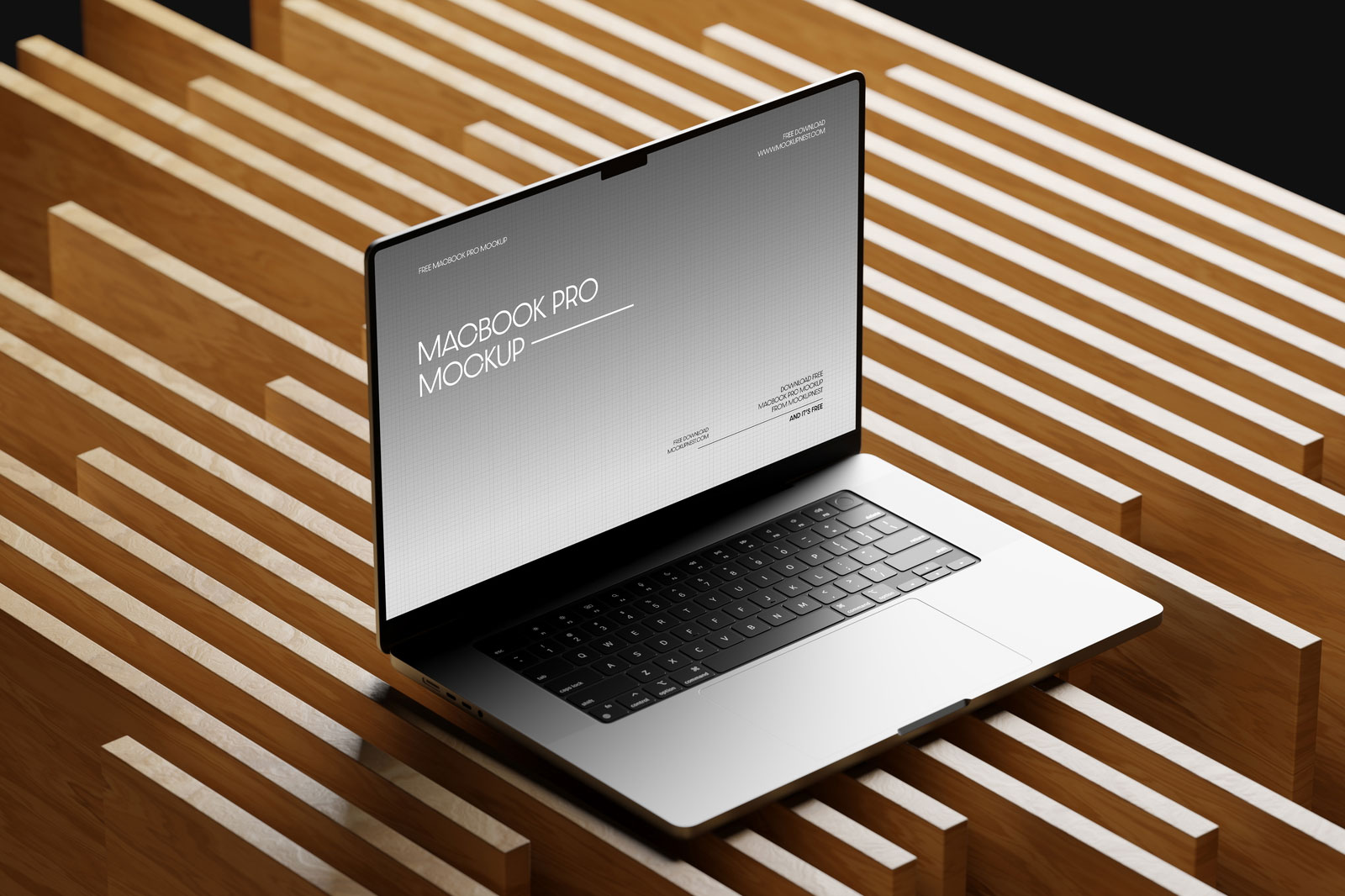 Free MacBook Pro Mockup on Wood PSD Template