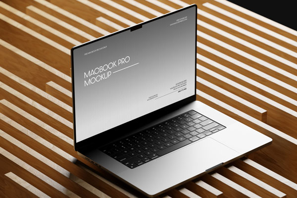 Free MacBook Pro Mockup on Wood PSD Template