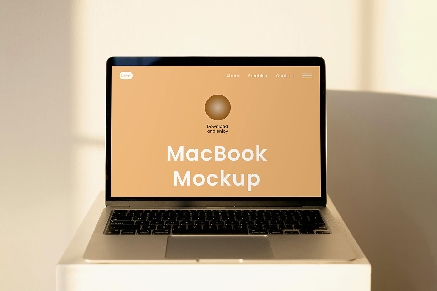 Free MacBook Screen on Coffee Table Mockup PSD Template