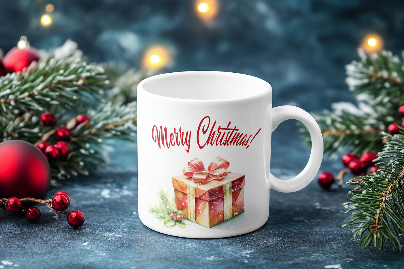 Free Mug with Christmas Decorations Mockup PSD Template