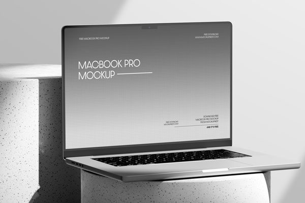Free MacBook Pro Mockup on Round Podium PSD Template