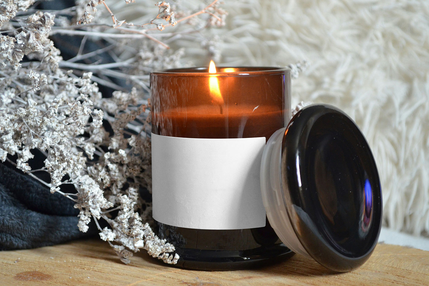 Free Open Candle with Label Mockup PSD Template