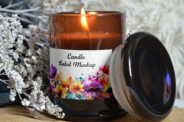 Free Open Candle with Label Mockup PSD Template