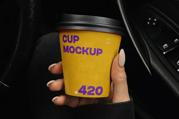 Free Paper Coffee Cup in the Car Mockup PSD Template