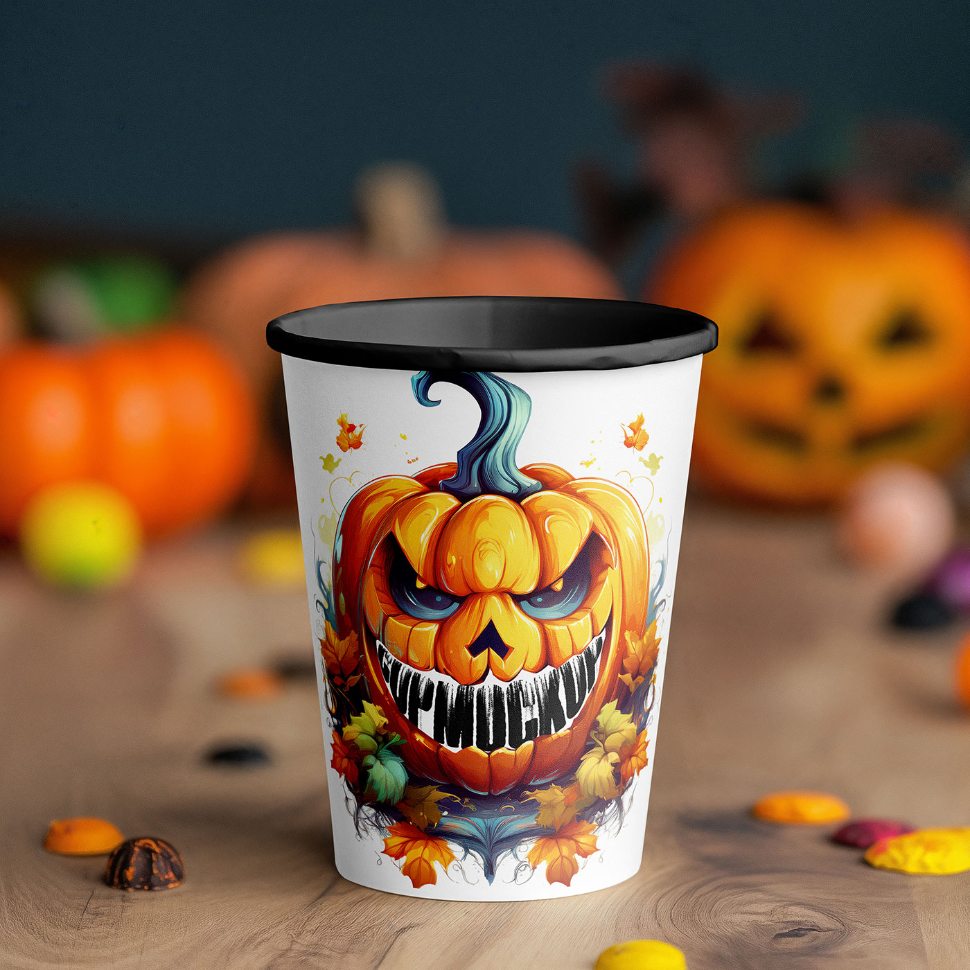 Free Paper Cup with Pumpkins Mockup PSD Template