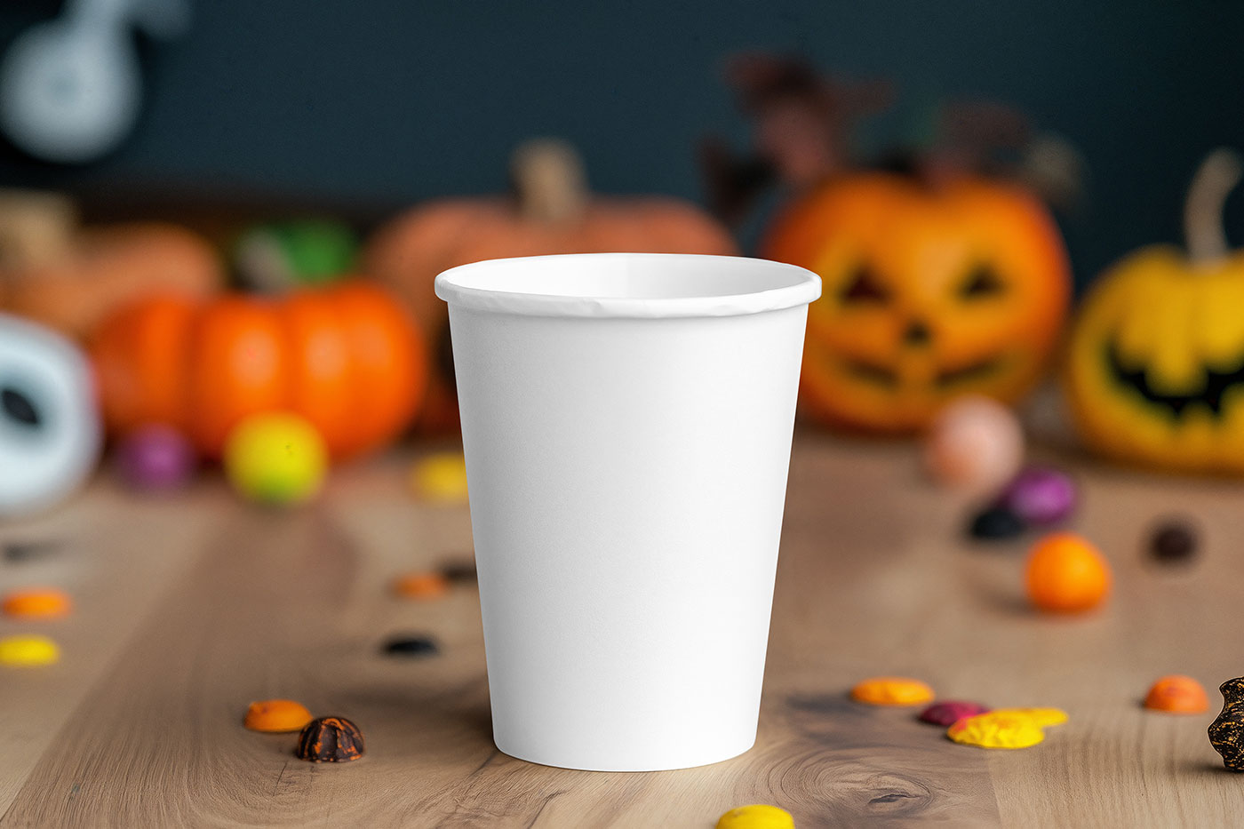 Free Paper Cup with Pumpkins Mockup PSD Template