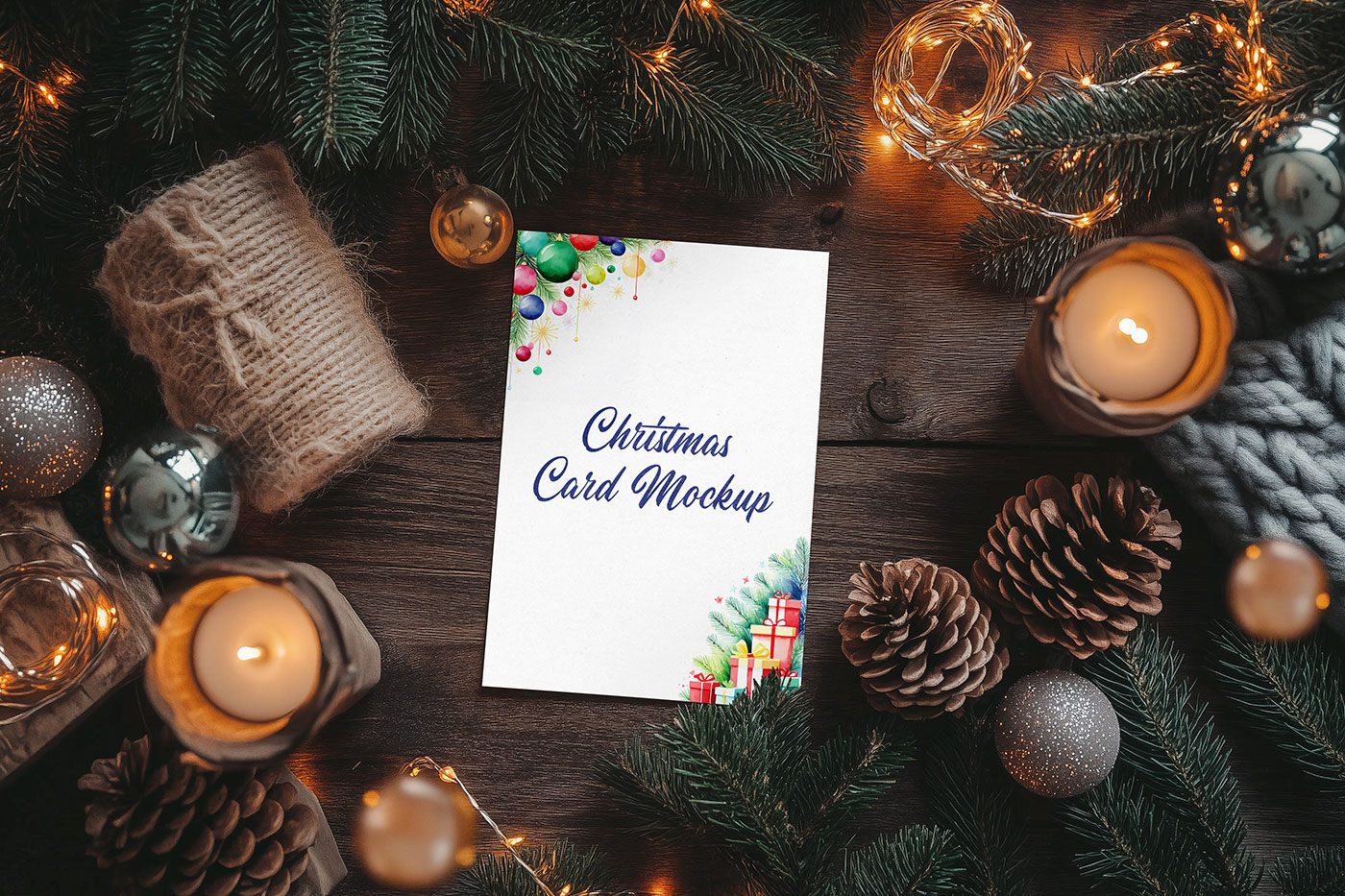 Free Post Card with Christmas Decorations Mockup PSD Template