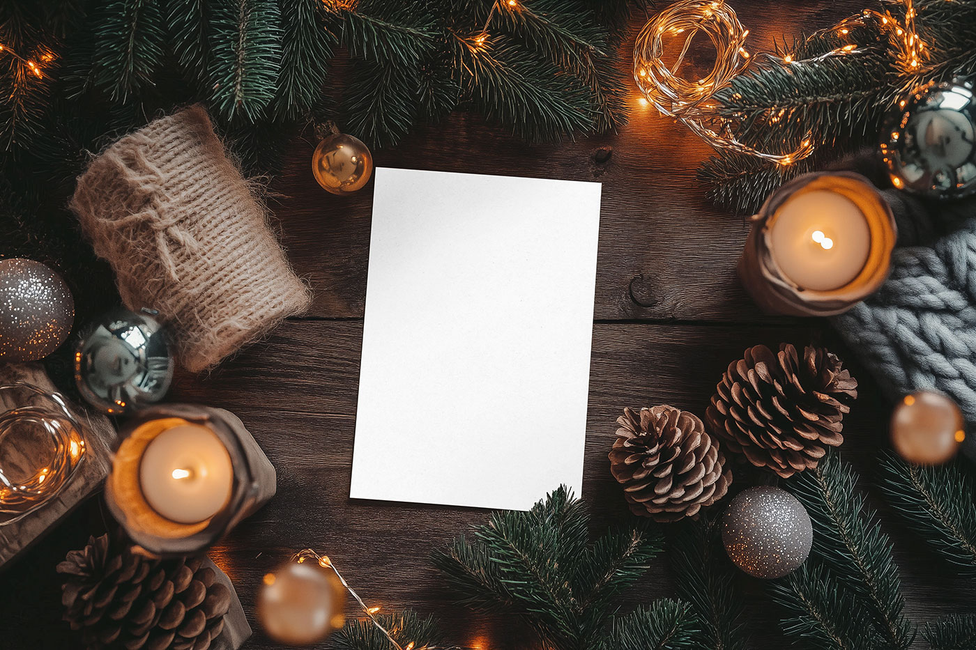 Free Post Card with Christmas Decorations Mockup PSD Template