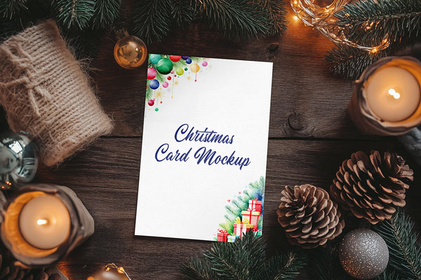 Free Post Card with Christmas Decorations Mockup PSD Template