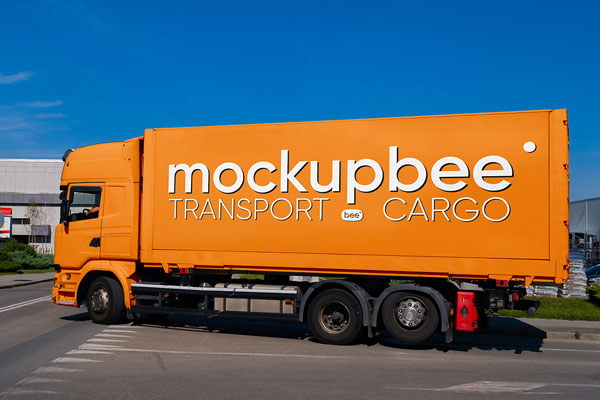 Free Semi Truck on Street Mockup PSD Template