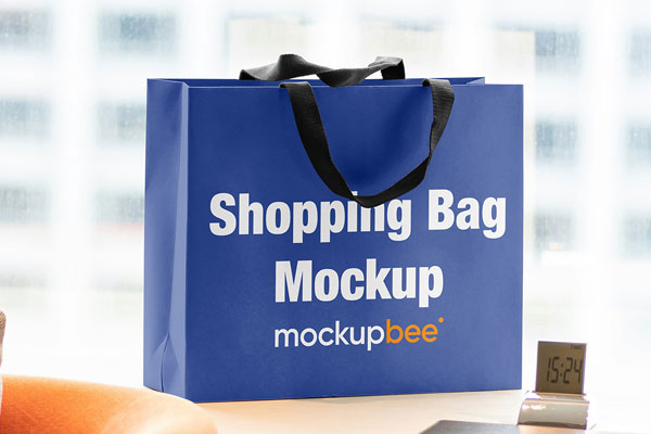 Free Shopping Bag on Table Mockup PSD Template