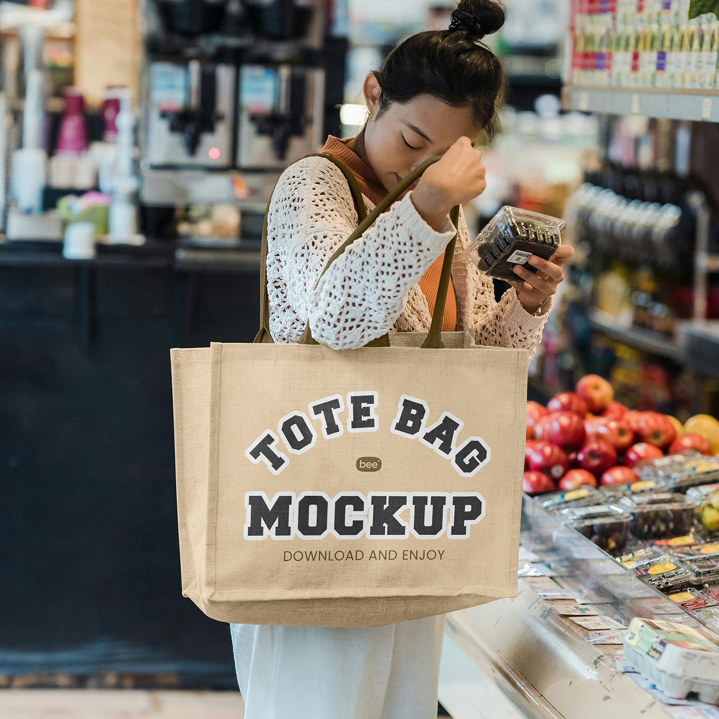 Free Tote Bag on Woman Mockup PSD Template
