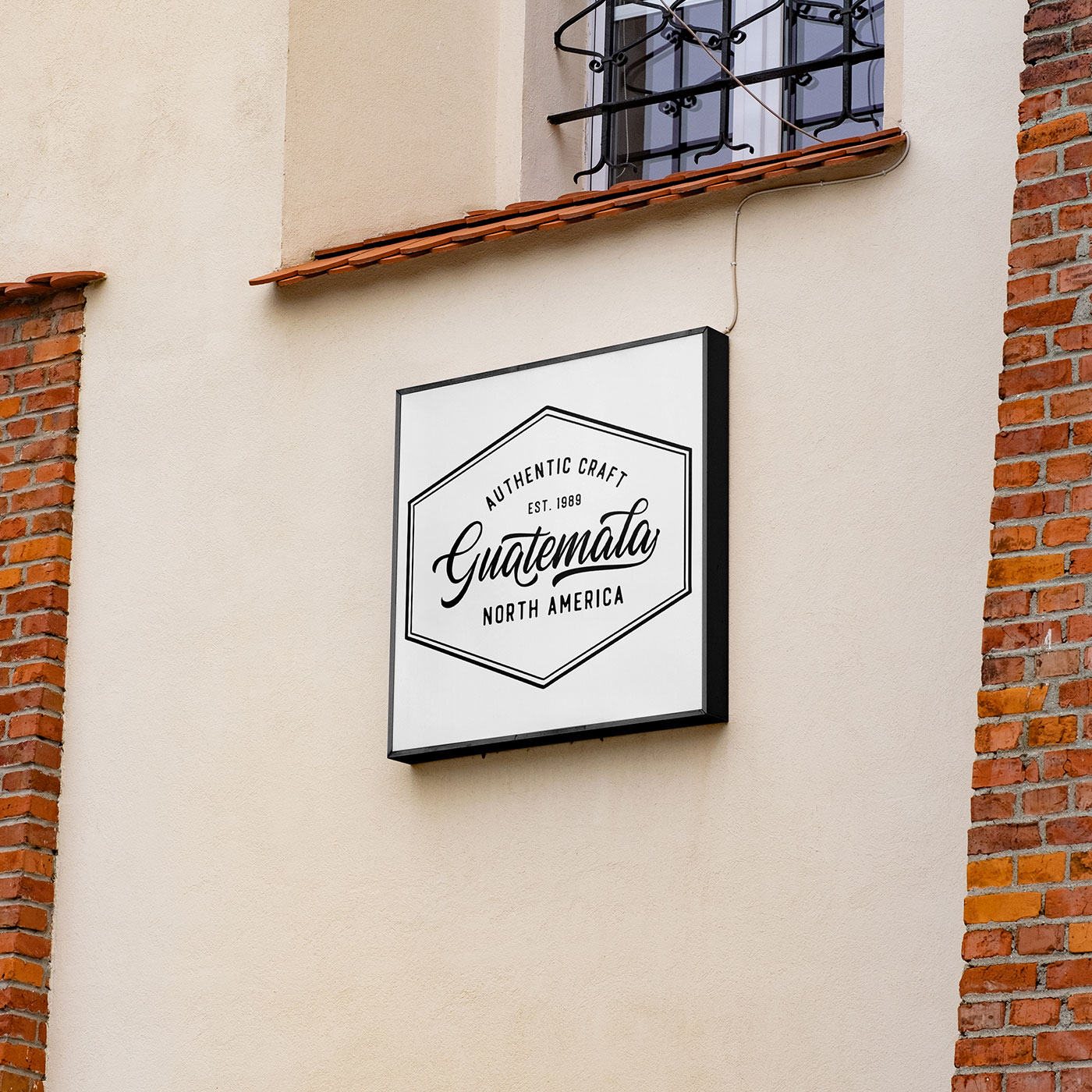 Free Square Coffer Sign on Wall Mockup PSD Template