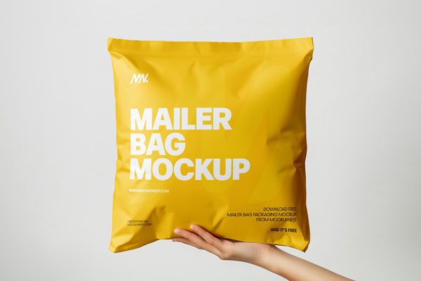 Free Square Paper Mailer Bag Mockup Holding by Hand PSD Template