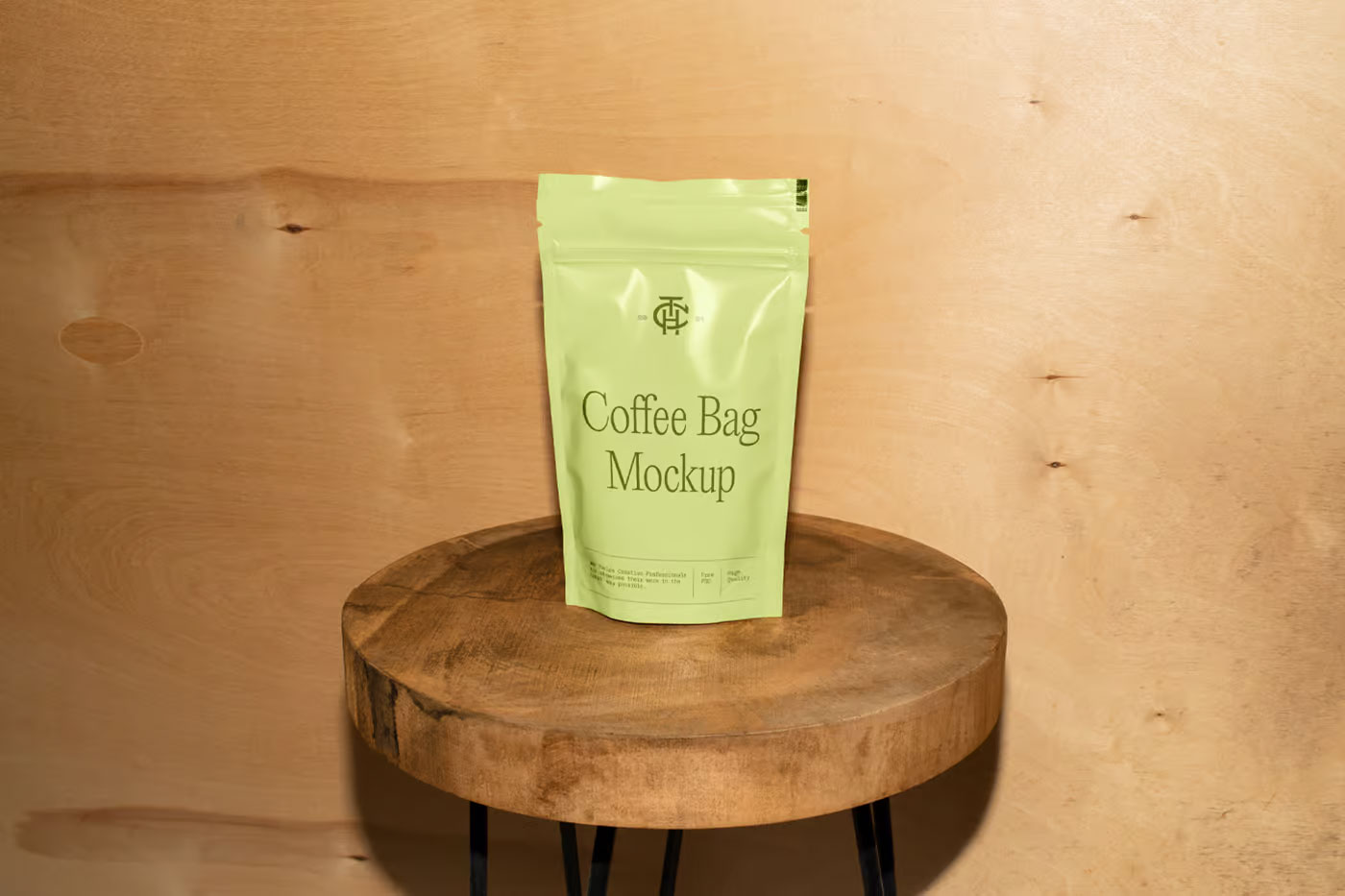 Free Vertical Coffee Bag on Stool Mockup PSD Template