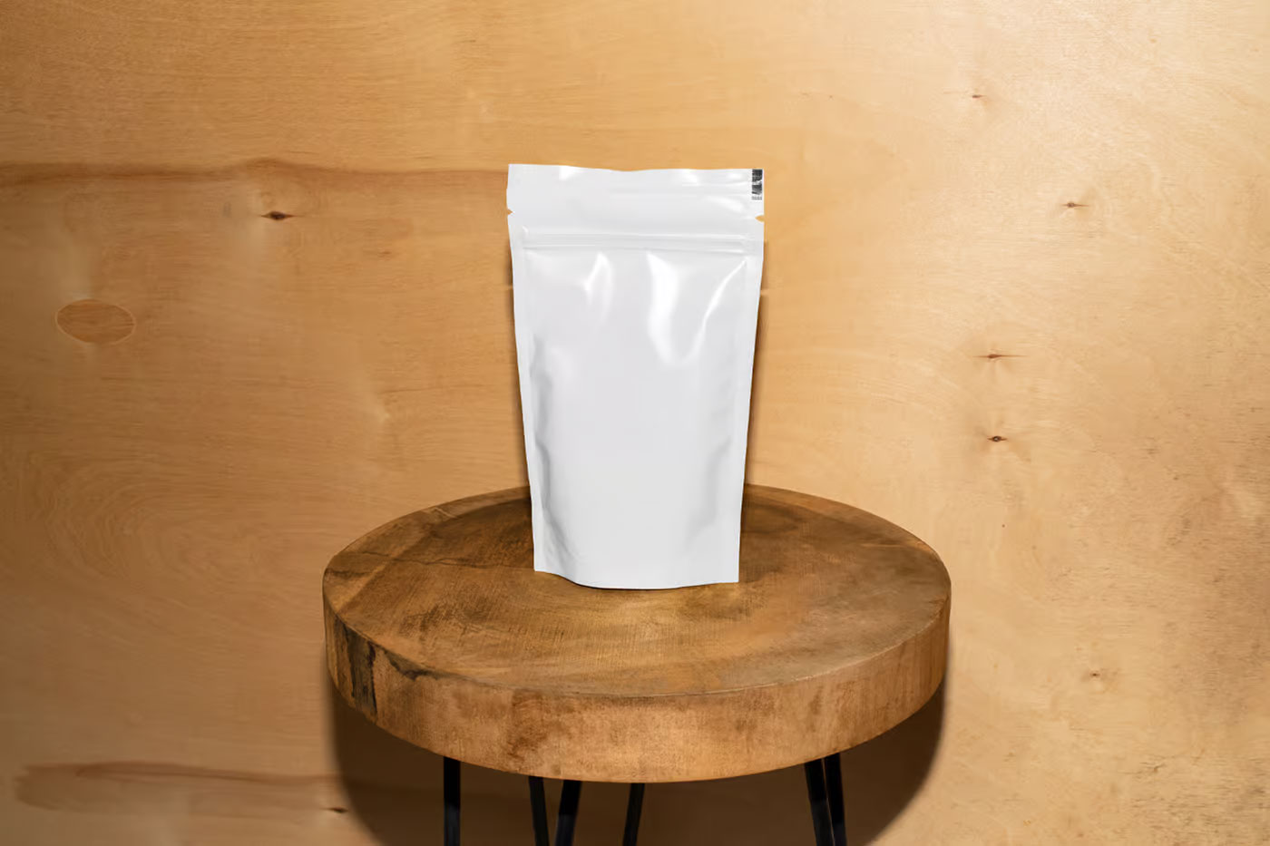 Free Vertical Coffee Bag on Stool Mockup PSD Template