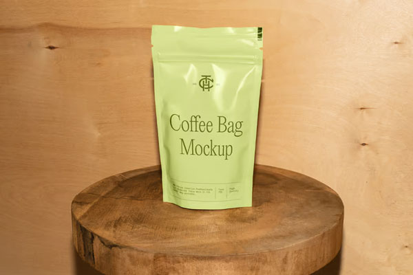 Free Vertical Coffee Bag on Stool Mockup PSD Template