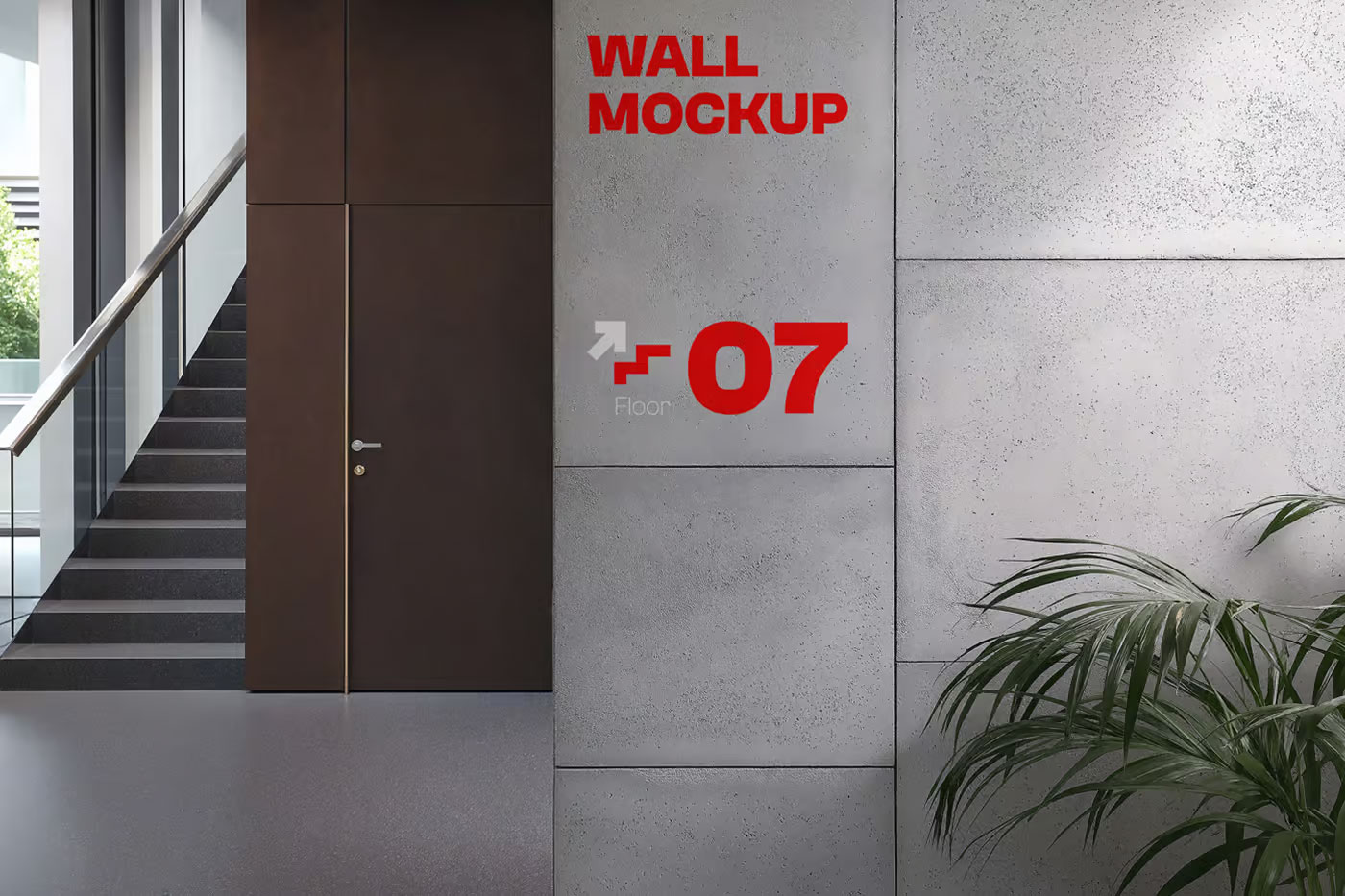Free Concrete Wall with a Plant on the Office Mockup PSD Template
