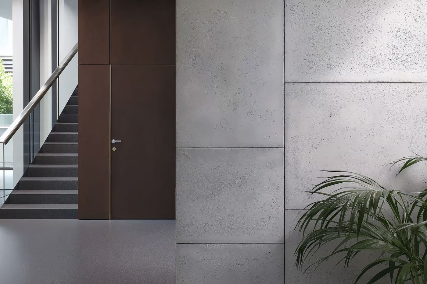 Free Concrete Wall with a Plant on the Office Mockup PSD Template
