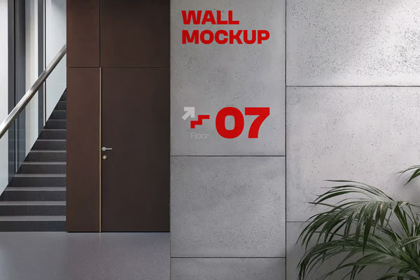 Free Concrete Wall with a Plant on the Office Mockup PSD Template