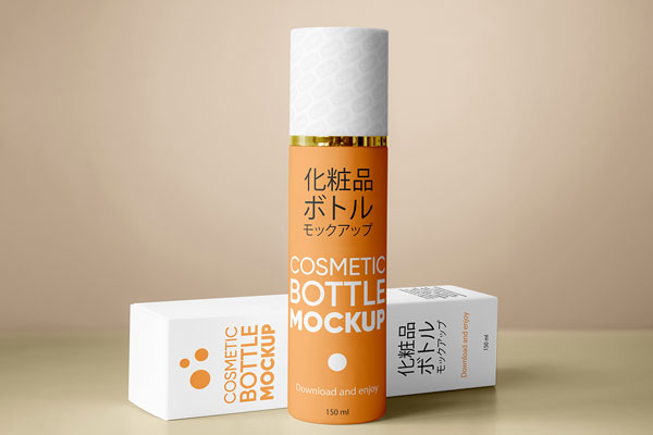 Free Cosmetic Bottle with Box Mockup PSD Template