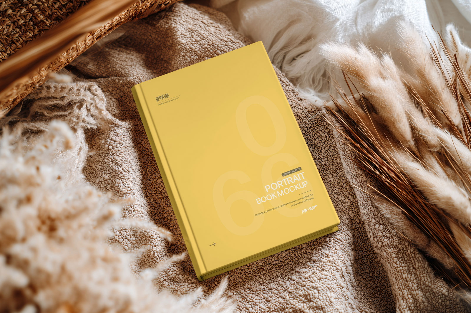 Free Hardcover Book Cover Mockup on Cozy Fabric Scene PSD Template