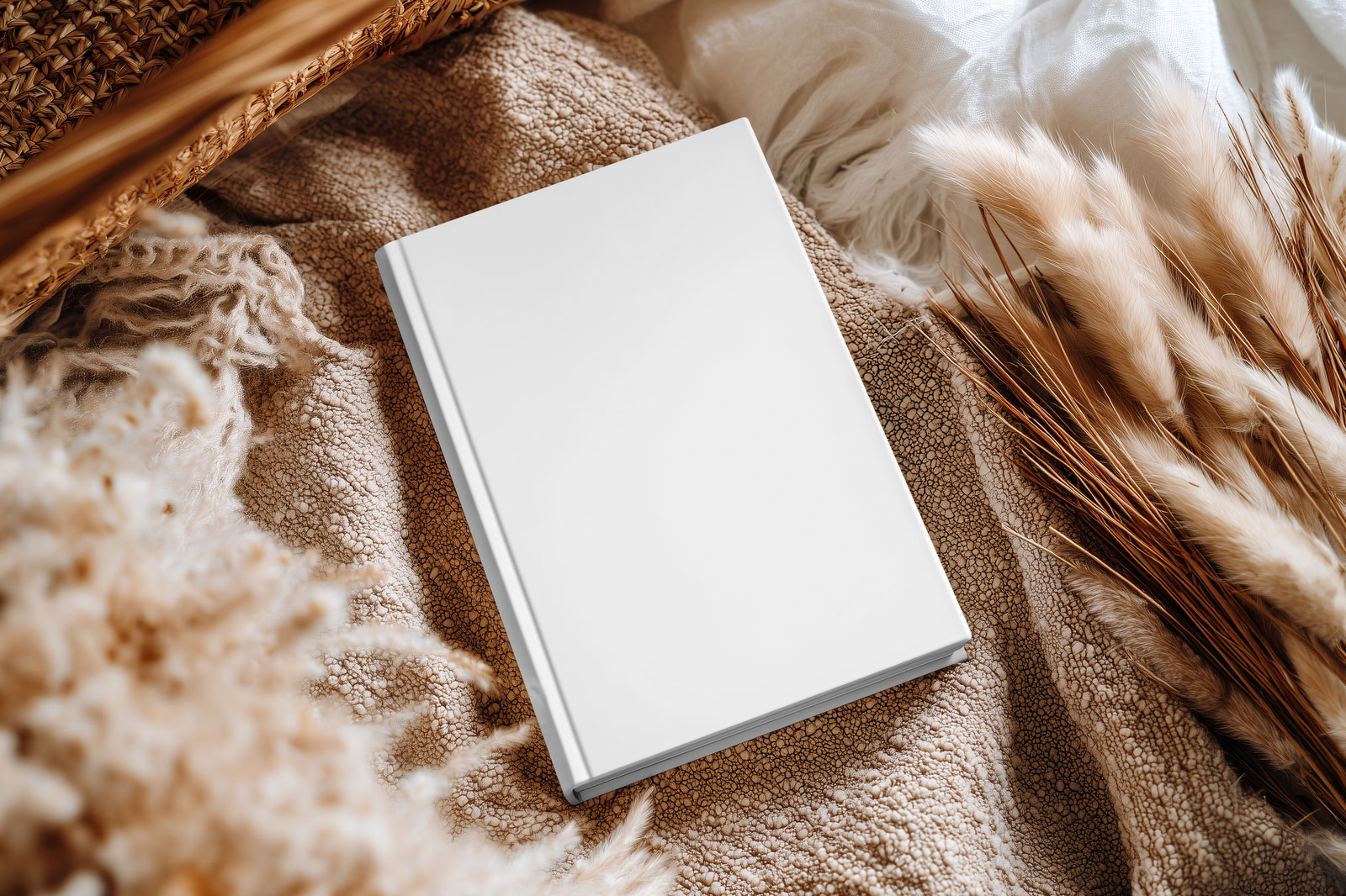 Free Hardcover Book Cover Mockup on Cozy Fabric Scene PSD Template