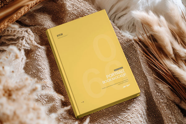 Free Hardcover Book Cover Mockup on Cozy Fabric Scene PSD Template