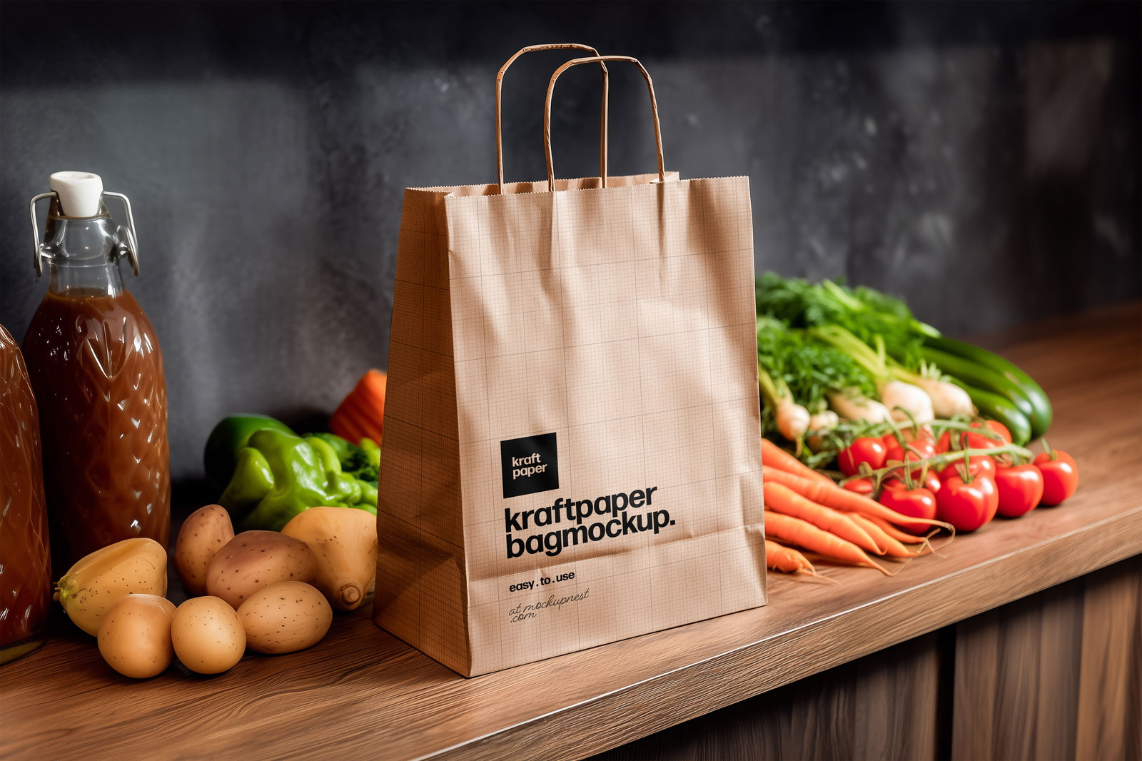 Free Kraft Paper Bag Mockup on Kitchen Table PSD Template