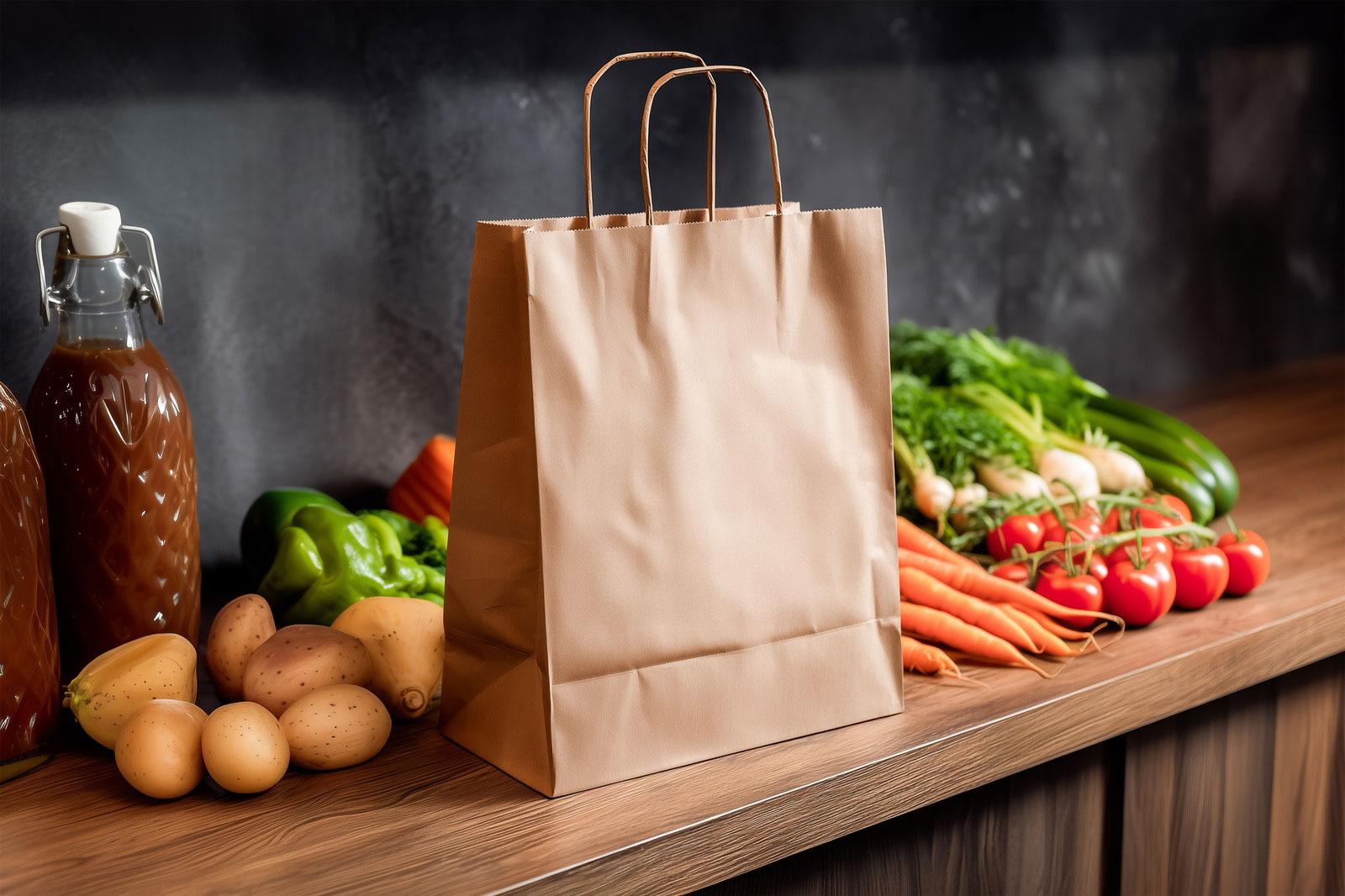 Free Kraft Paper Bag Mockup on Kitchen Table PSD Template