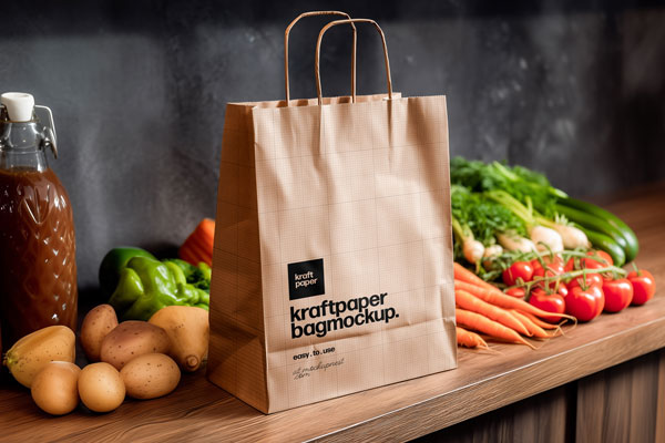 Free Kraft Paper Bag Mockup on Kitchen Table PSD Template