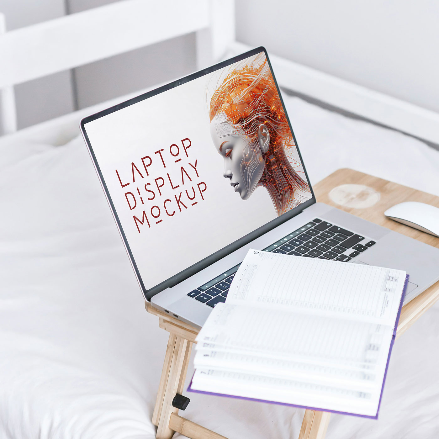 Free MacBook on Stand Mockup PSD Template