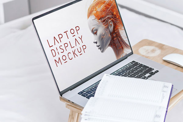 Free MacBook on Stand Mockup PSD Template