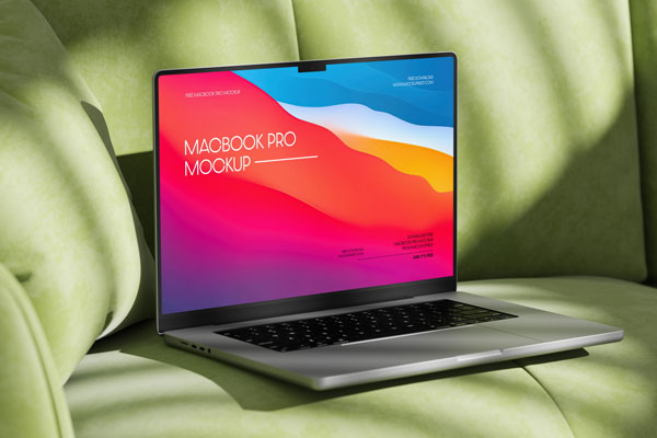 Free MacBook Pro Mockup on Sofa PSD Template