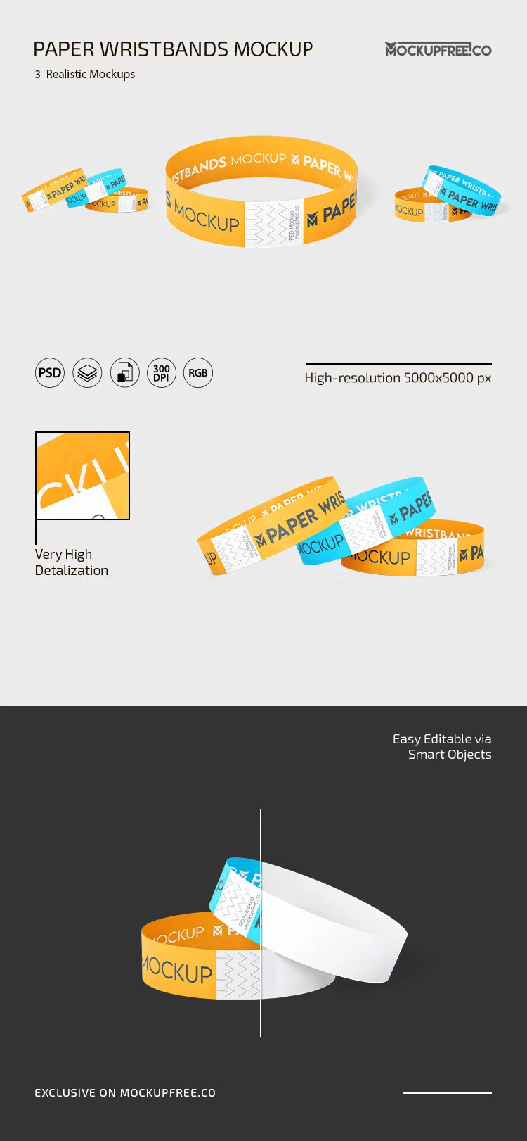 Free Three Festival Wristband Mockups PSD Template