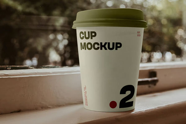 Free Coffee Cup on Window Ledge Mockup PSD Template